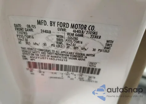 2006 Mercury Mariner z USA, uszkodzony, nr VIN 4M2YU57116DJ10215